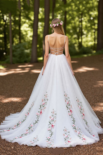 Floral Ivory A Line Wedding Dress with Appliques